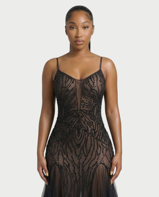 ZYREL Beaded Sheer Tulle Skirt Maxi Dress