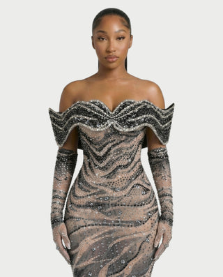 NELKA Rhinestone Off-Shoulder Mesh Maxi Dress