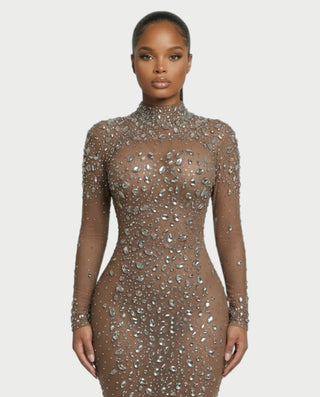 SOSANE Diamond High-Neck Feather Mermaid Maxi Dress