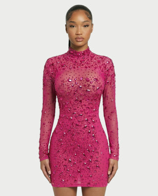 ROLANE Sheer Mesh Rhinestone Embellished Bodycon Mini Dress