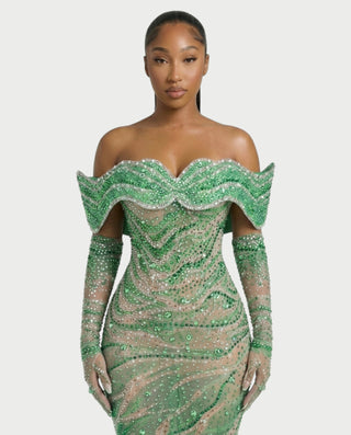 NELKA Rhinestone Off-Shoulder Mesh Maxi Dress