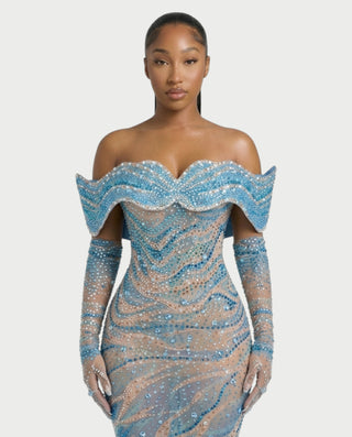 NELKA Rhinestone Off-Shoulder Mesh Maxi Dress