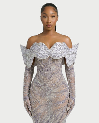 NELKA Rhinestone Off-Shoulder Mesh Maxi Dress