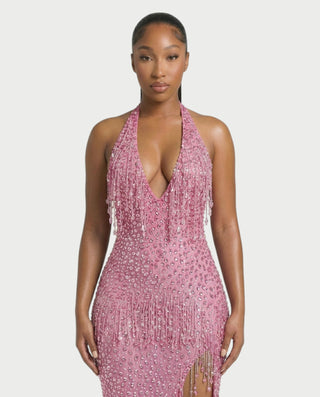 MYRIZ Rhinestone Halter Draped Tassel Maxi Dress
