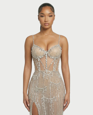 AERIS Crystal Fringe Sheer Corset Maxi Dress