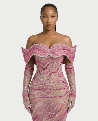 NELKA Rhinestone Off-Shoulder Mesh Maxi Dress