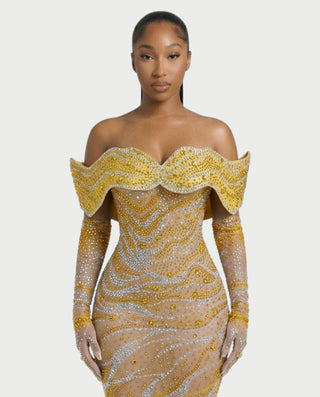 NELKA Rhinestone Off-Shoulder Mesh Maxi Dress