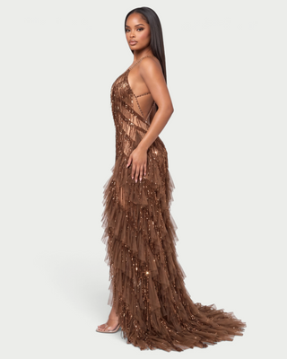 KLARICE High Slit Beaded Fringe Ruffle Maxi Dress