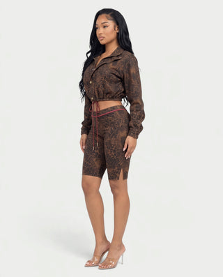 MARIGOLD Retro Leopard Print Cropped Jacket & Fitted Shorts Set