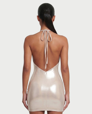 CLARICE Plunging Halter Metallic Mini Dress
