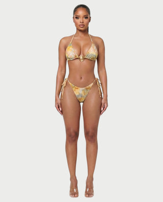 MARVINA Marble Print Bikini & Sarong Three-Piece Set