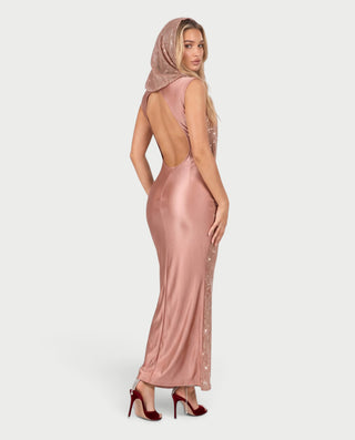 FIAMMA Hooded Sequin Sparkly Deep V-Neck Maxi Dress
