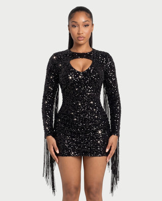 ARGINA Sequin Keyhole Cutout Tassel Fringe Mini Dress