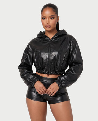 DAYAN Cropped Long Sleeve Faux Leather Jacket