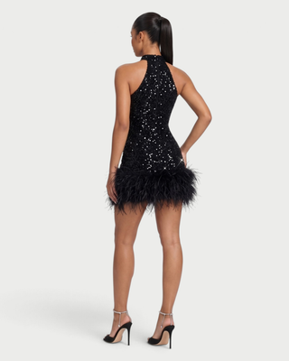 LESLIE Feather-Trim Sequin High-Neck Mini Dress