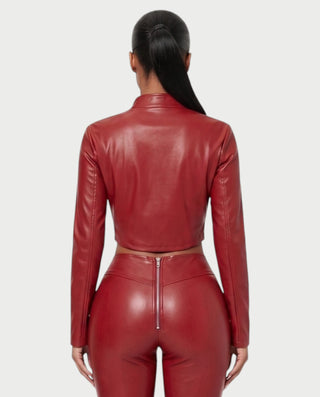 VEXARA Zip-Up Faux Leather Jacket & Flared Pants Set