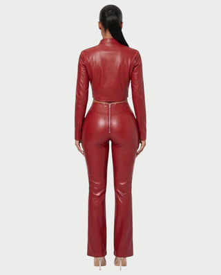 VEXARA Zip-Up Faux Leather Jacket & Flared Pants Set