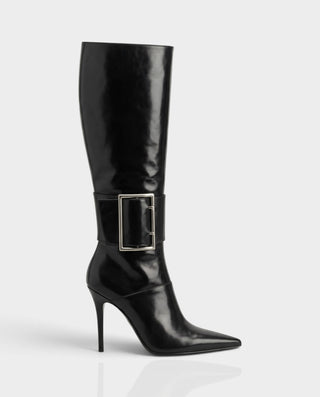 ANALEIA Pointed Toe Oversized Buckle Stiletto Heel Boots
