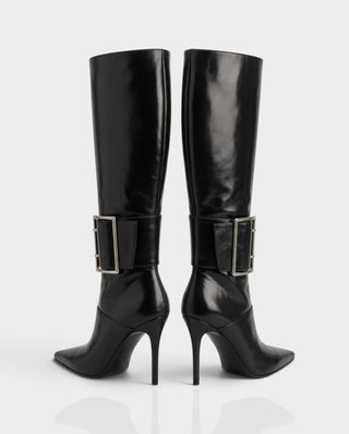 ANALEIA Pointed Toe Oversized Buckle Stiletto Heel Boots