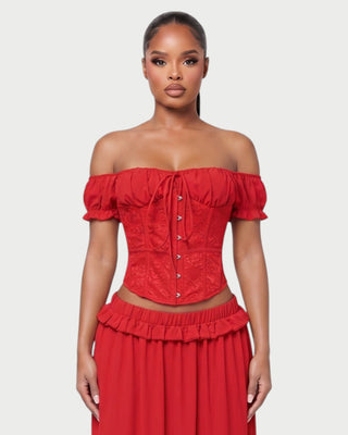 VACY Lace Corset Off-Shoulder Top & Sheer Maxi Skirt Set
