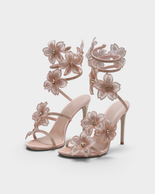 PALMERA Rhinestone Floral Appliqué Ankle-Wrap Stiletto Heels
