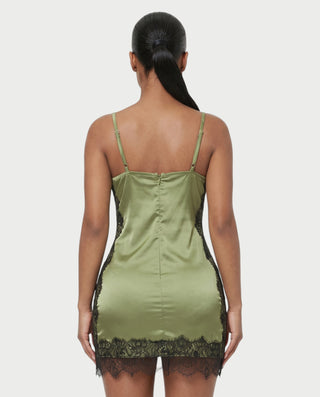 WYNN Lace Panel Satin V-Neck Slip Bodycon Mini Dress
