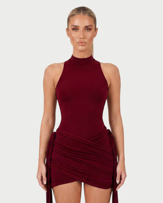 SALMA Mock Neck Draped Side-Tie Bodycon Mini Dress