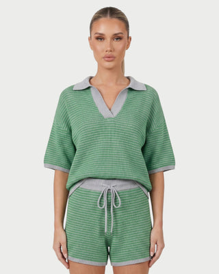 OLENNA Striped Knit Oversized Top &  Drawstring Short Set