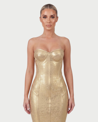 CATLYN Strapless Bustier Corset Metallic Bodycon Midi Dress