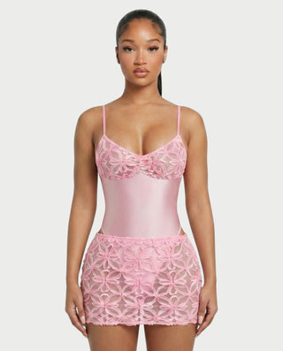 ZARLINA Floral Lace Bodysuit & Mini Skirt Set