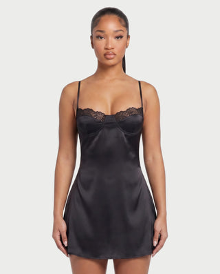 ROLINE Lace Trim Satin Slip Mini Dress