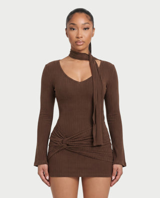 SHASTA Scarf Neck Long Sleeve Bodycon Mini Dress