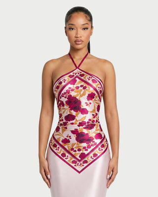 MALVINA Satin Floral Backless Bodycon Maxi Dress