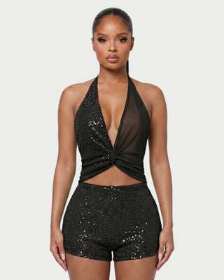 ELISSA Sequin Twist-Front Halter Top & Shorts Set