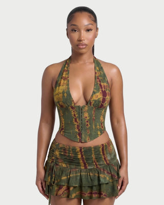 SAVIERA Halter Corset Top & Ruched Ruffle Mini Skirt Set