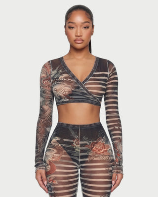 Conjunto de top y pantalón de manga larga con estampado de rayas de malla LAILA