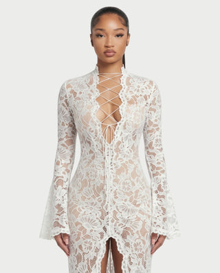 MAZE Floral Lace Crisscross Long-Sleeve High-Slit Maxi Dress
