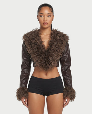 ADALEE Faux Leather Bolero Crop Jacket with Shaggy Fur Detailing