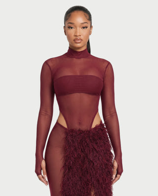 ZARVINA Sheer Mesh Mock Neck Bodysuit & Feather Skirt Set