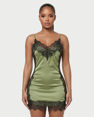 WYNN Lace Panel Satin V-Neck Slip Bodycon Mini Dress