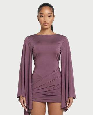 CAISYN Draped Bell Sleeve Ruched Bodycon Mini Dress