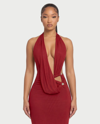 MARYLIN Draped Halter Deep V Side Cutout Maxi Dress