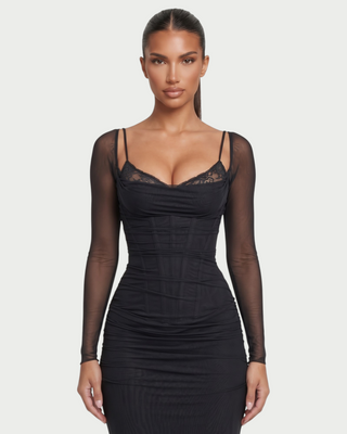 NOIR Lace Bust Sheer Mesh Long Sleeve Maxi Dress