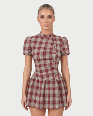 MIRIANA Plaid Mock Neck Puff Sleeve Button Detail Mini Dress
