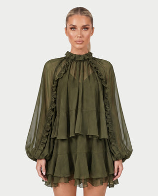 NAVIA Ruffle Mock Neck Long Sleeve Mini Dress