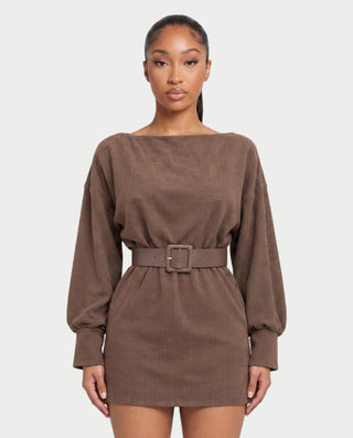 LAIDE Batwing Long Sleeve Cinched Waist Knit Mini Dress