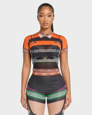 ASHLYN Printed Mesh Crop Top & Pants Set