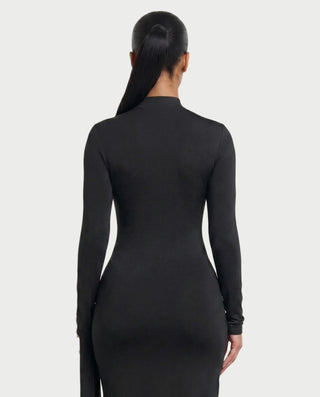 ALMERA Mock Neck Draped-Sleeve Bodycon Maxi Dress
