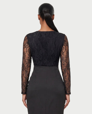 NOREEN Sheer Lace Corset Ruched Side-Drape Midi Dress