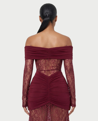 MORLA Off Shoulder Floral Lace Ruched Maxi Dress
